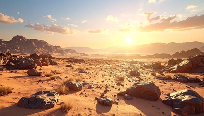 Desert Landscape at Sunset with Rocks and Mountains.
