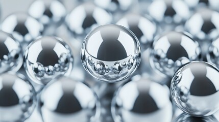 A close up of perfectly spherical metallic orbs with many small bubbles inside reflecting light and the surrounding spheres