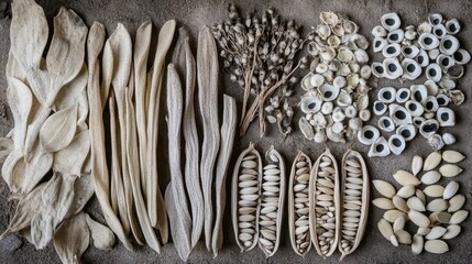 A collection of diverse dried seed pods and natural botanical elements arranged on a textured surface