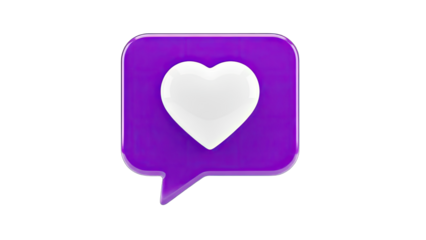3D Purple speech bubble with white heart icon on transparent background
