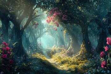 Enchanted forest pathway adorned with blooming roses during midday sunlight