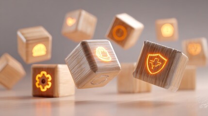 Artificial Intelligence and Technology Concept with Wooden Blocks and Icons