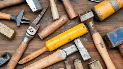 A flat lay collection of vintage and worn industrial hand tools made of metal and wood scattered on a textured wooden surface