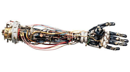 Futuristic bionic arm with complex internal mechanisms and wiring, representing technology, cybernetics, and advancement