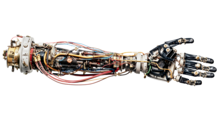 Futuristic bionic arm with complex internal mechanisms and wiring, representing technology, cybernetics, and advancement