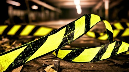 A tangled heap of neon yellow and black industrial hazard warning tape lies on a textured ground