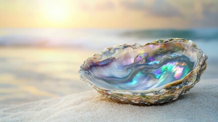 A perfectly formed iridescent abalone shell rests on a sandy beach with the ocean and golden sunset light in the background