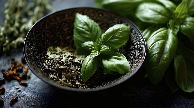 A bowl of herbs and spices with basil leaves on a dark surface