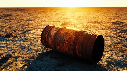 A rusty empty barrel lies on its side in a dusty dry field under the warm sunlight