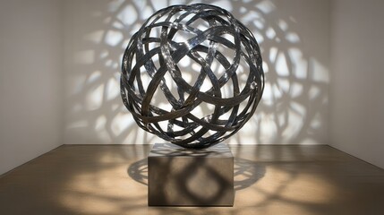 A stylized metallic sphere sculpture with intricate interwoven strands sits on a cubic base casting complex shadows