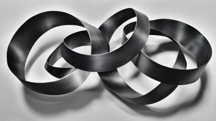 Abstract metallic sculpture featuring interlocking geometric loops and curves with dramatic lighting and shadows