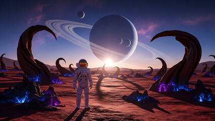Astronaut's solitary journey on a vibrant alien world at sunrise with a giant ringed planet