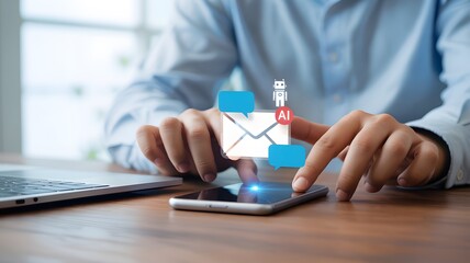 Person interacting with smartphone displaying email notification on wooden desk near laptop