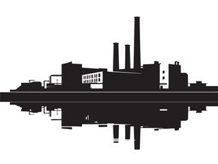 A detailed and striking black factory silhouette with smokestacks