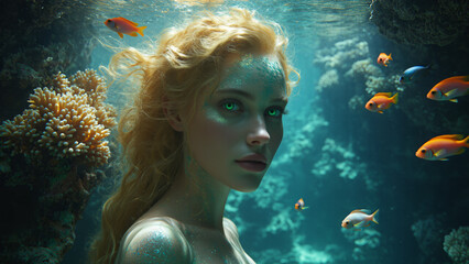 Hyper-realistic surreal underwater scene of a luminous mermaid with hypnotic green eyes, cinematic lighting, dreamlike fish forms and avant-garde composition, evoking an ethereal, poetic fantasy atmos