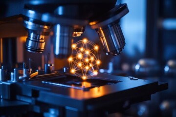 Exploring microstructures with a microscope at a research laboratory during evening hours