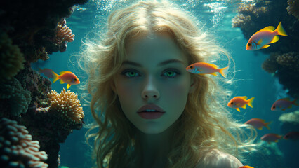 Hyper-realistic surreal underwater scene of a luminous mermaid with hypnotic green eyes, cinematic lighting, dreamlike fish forms and avant-garde composition, evoking an ethereal, poetic fantasy atmos