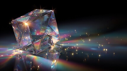 Abstract Crystal Cube with Rainbow Light and Futuristic Glow