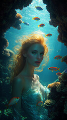 Hyper-realistic surreal underwater scene of a luminous mermaid with hypnotic green eyes, cinematic lighting, dreamlike fish forms and avant-garde composition, evoking an ethereal, poetic fantasy atmos