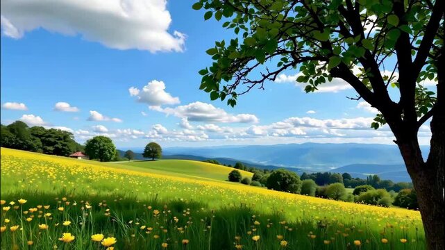 The video depicts a serene, scenic landscape featuring rolling hills covered in vibrant yellow flowers, likely a field of blooms stretching across the area