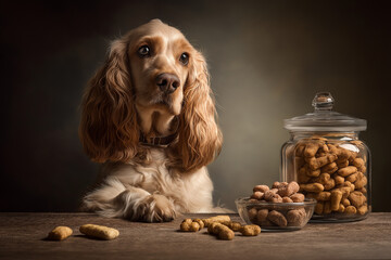 Jar of dog food on the table, with an english cocker spaniel sitting next to it, and pet treats in front of the dog