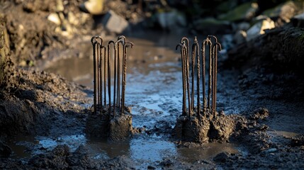 Metal rebar protruding from concrete foundations in wet muddy ground at an outdoor construction site