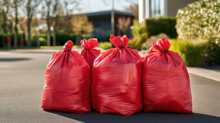 Several large red medical waste bags tied securely await collection outdoors on a sunny day