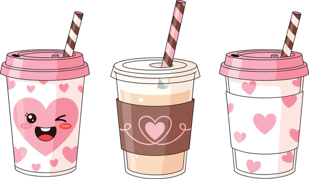 Cute takeaway coffee cups with heart patterns and smiling face illustration, romantic love themed drink vector set