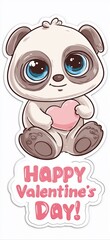 Fototapeta premium Cute big-eyed animal delivering Happy Valentine's Day message. Cute cartoon animal holding a pink sign for Valentine's Day celebration