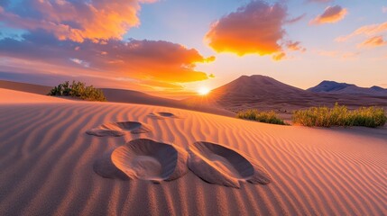 Golden sunset casts warm light across rippled desert sand dunes with distant mountains under a cloudy sky