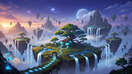 A magical journey through luminous floating islands at twilight, with ancient trees and celestial wonders
