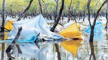 Environmental pollution with torn tarpaulins and plastic sheeting floating on water reflecting trees in a flooded natural scene