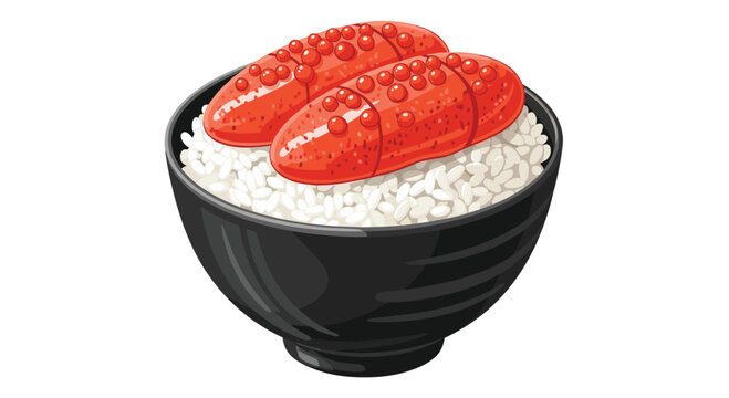 Bowl of fluffy white rice topped with two pieces of spicy seasoned pollock roe known as mentaiko in a traditional black ceramic bowl.