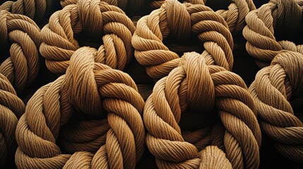 Large coils of thick braided natural fiber cordage stacked together