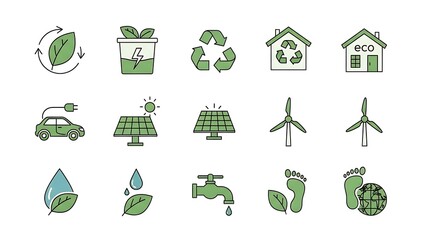 Eco-friendly and sustainable living line icons. Modern vector symbols for green energy, recycling, environmental protection, and nature conservation concepts