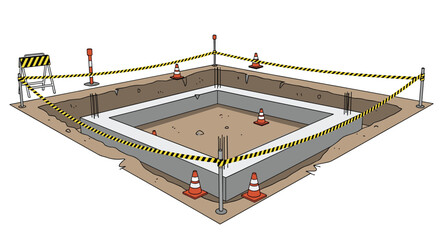 Fototapeta premium Concrete foundation of a new building is surrounded by dirt and yellow safety tape at a residential construction site.