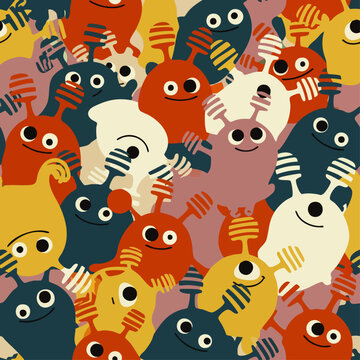 A vibrant and playful seamless pattern featuring a diverse group of colorful, cartoon-like monsters with unique expressions and features.