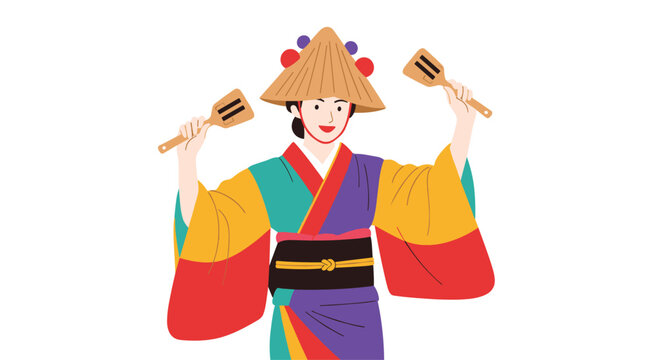 Woman dressed in a colorful traditional Japanese kimono performs a dance while holding wooden naruko clappers in both hands.