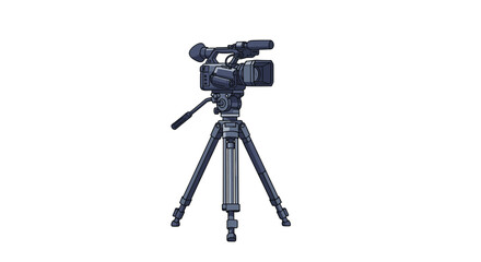 Professional video camera mounted on sturdy black tripod ready for filming movies television shows or documentary production.