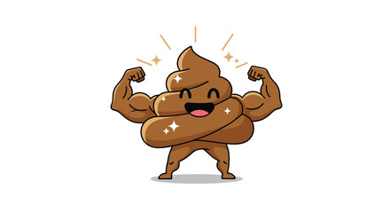 Cartoon illustration of smiling brown poop character with muscular arms showing strength and health on white background.