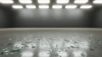 Sharp fragments of broken glass scattered across a dimly lit concrete floor with overhead lighting