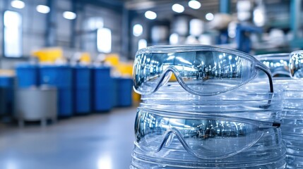 Stacks of clear protective safety glasses with reflective lenses sit ready for use in an industrial environment