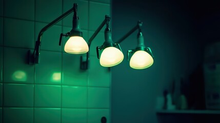 Three adjustable medical examination lights with bright illumination mounted on articulated arms in a clinical environment