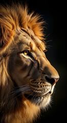 Naklejka premium Close-up profile portrait of a majestic male lion with a golden mane against a dark background