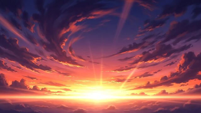 A captivating anime sunset with dramatic clouds and golden light rays over a vast horizon - Powered by Adobe