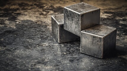 Stacked metallic cubes of varying reflectivity casting subtle shadows on a textured surface