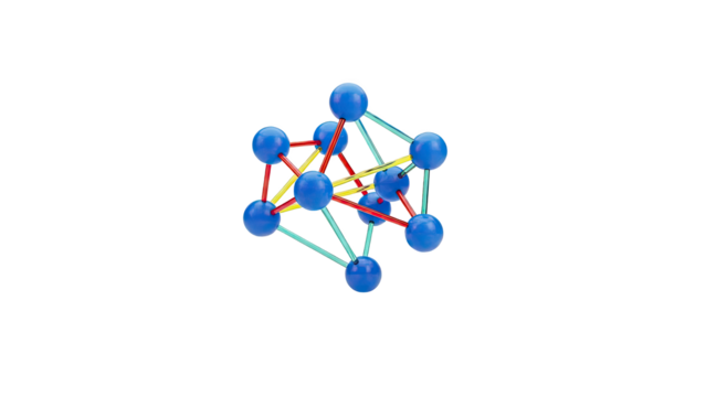 3D Molecular structure with blue spheres and colorful rods on transparent background - Powered by Adobe