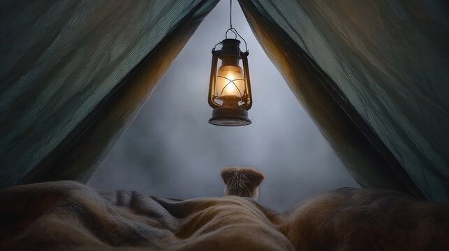 Cozy canine companion gazing out from a tent illuminated by a vintage lantern amidst a foggy mysterious atmosphere - Powered by Adobe