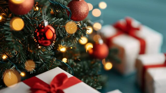 Christmas gifts wrapped in white with red ribbons under a tree
