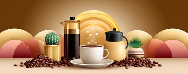 Colorful Modern Illustration of Coffee Brewing and Decoration with Unique Elements